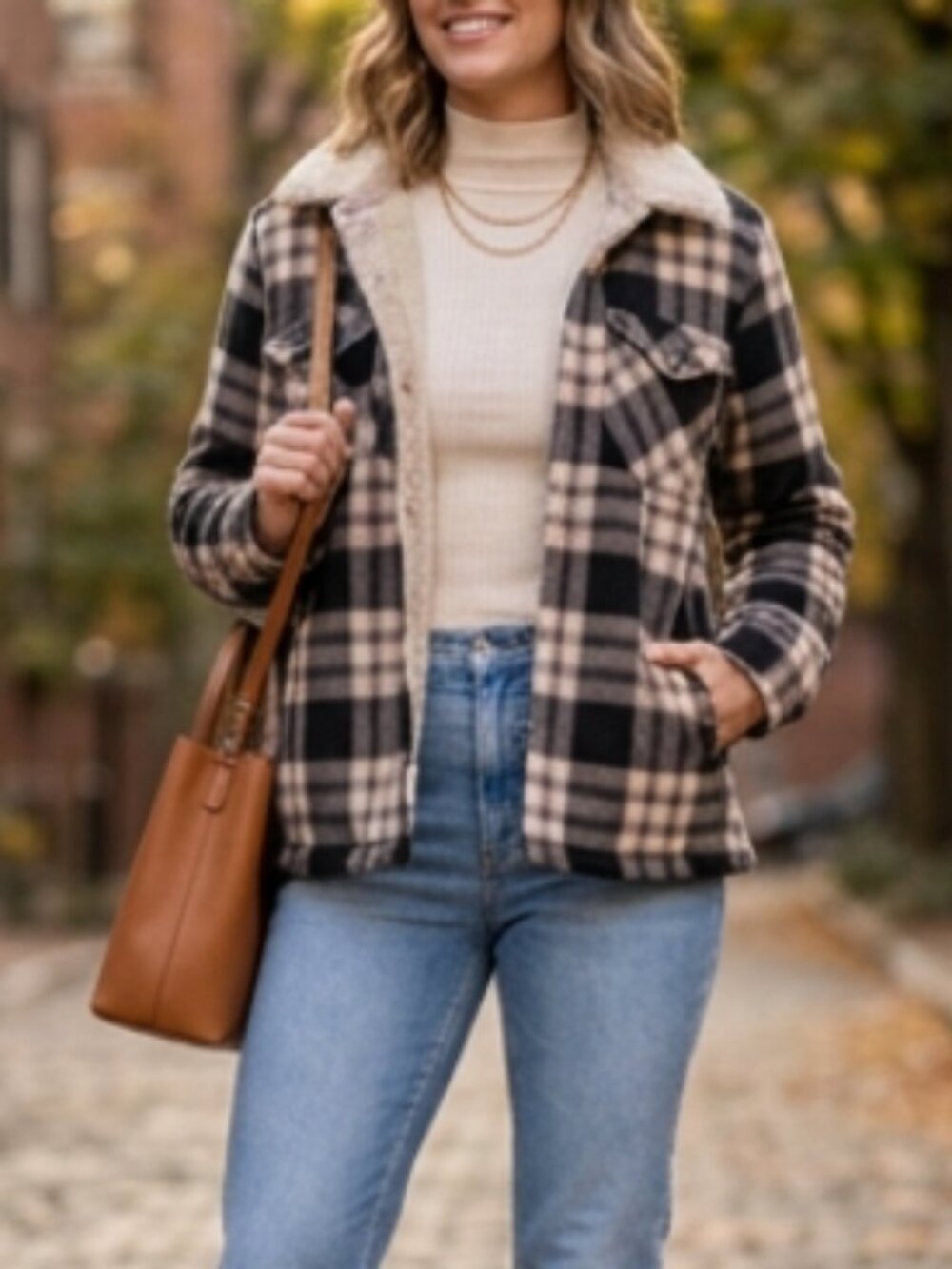 Soho Threads Sherpa Lined Plaid Fleece Jacket S Cozy Fall Casual Neutral Shacket